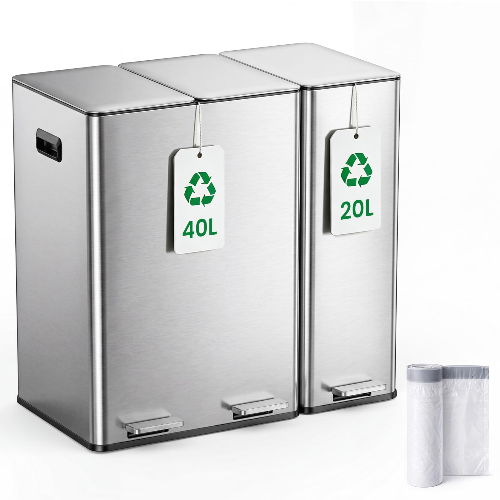 YEAUPE PRO Cubo de basura de cocina de 20 + 40 litros, cubo de basura de 3 compartimentos para reciclaje y residuos, tapas de cierre suave, pedales, cubos interiores, cubo de basura con pedal de acero