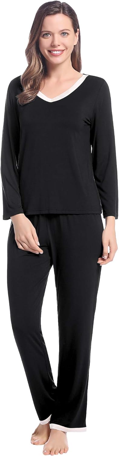 Joyaria Women's Bamboo Viscose Pajamas Long Sleeve Cooling Pj Lounge Set Soft Loose Sleepwear V Neck Top with Pants - Image 5