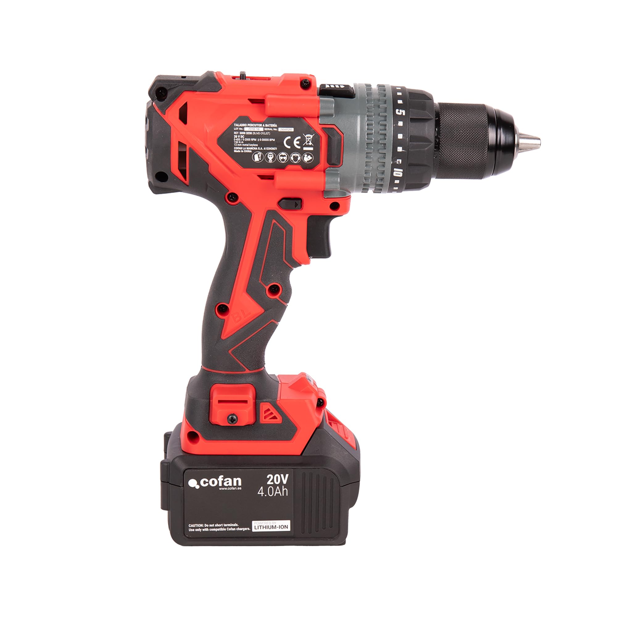 Cofan Taladro percutor a batería | Motor sin escobillas | Potencia: 20 V | Portabrocas 13 mm | 150 Nm, 2000 rpm | 2 velocidades | Percusión 30 000 BPM | Incluye accesorios | Batería y cargador NO INCL