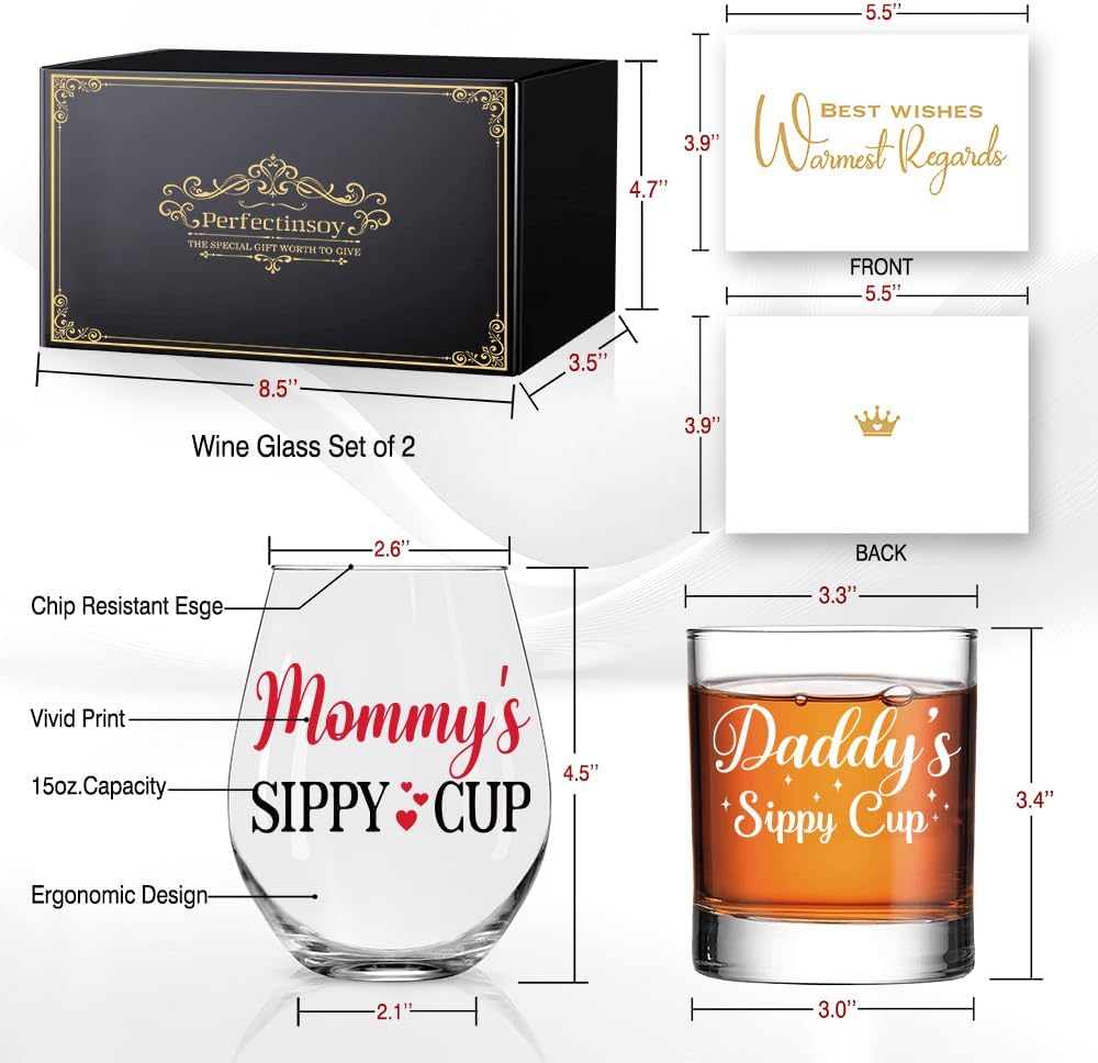 Perfectinsoy Mommy Daddy Sippy Cup Funny Wine Glass Set of 2, Wine Glass Gift for First Parents, Wedding Anniversary Thanksgiving Birthday Gift for Parents Mom Dad - Pregnancy Announcement Party Gifts - Image 2