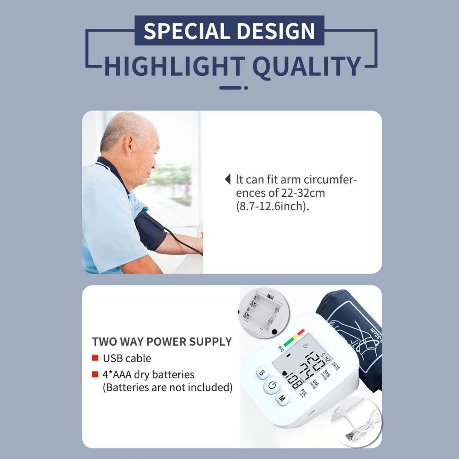 Esfigmomanómetro Arm Home, Alimentado por USB, presurización Completamente automática, Pantalla Grande, transmisión de Voz, Monitor de presión Arterial multifunción (Blanco)