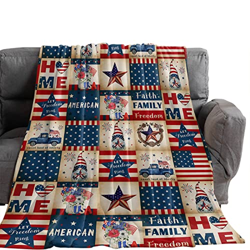 Patriotic Gnome Blanket Usa Flag Throw Blankets Retro Plaid Soft Flannel Fleece Comfort Blanket, Check American Theme 4Th Of July Cozy Warm Bed Cover For Sofa Couch Chair 40X50In #TOP6