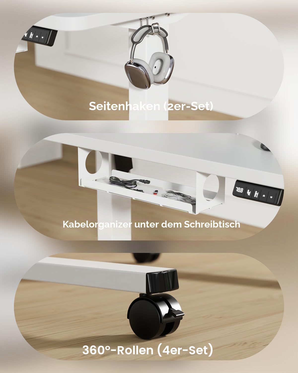 Höhenverstellbarer Schreibtisch 80 x 60 cm, Schreibtisch Höhenverstellbar Elektrisch für Home & Office, 2-teilige Tischplatte, Weiß