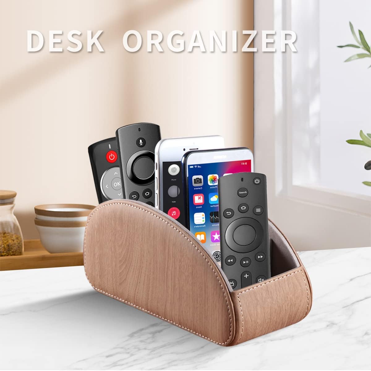 All-in-One Leather TV Remote Control Holder with 5 Compartments Nightstand Desktop Air Conditioner Media Player Remote Caddy Storage Box Organizer Tray For Makeup Brush Pen Stationary Table Controller image 3