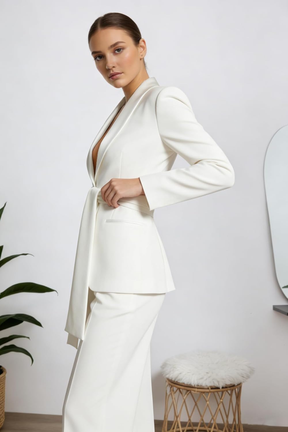 Satin Pant Suits for Women Long Sleeve Dressy Casual Wedding Guest Suit 2 Piece Womens Suit with Belt