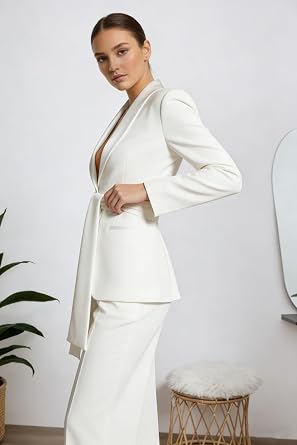 Women Formal 2 Pieces Belted Blazer Pants Suit Long Sleeve