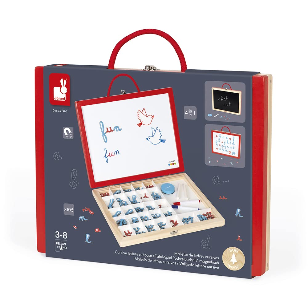 Janod, Essentiel, Mallette de Lettres Cursives 4 en 1 en Bois, Jeu Pédagogique, Apprentissage des Lettres et de la Lecture, 110 Accessoires Inclus, Peinture à l'eau, Dès 3 Ans, J05073, Multicolore