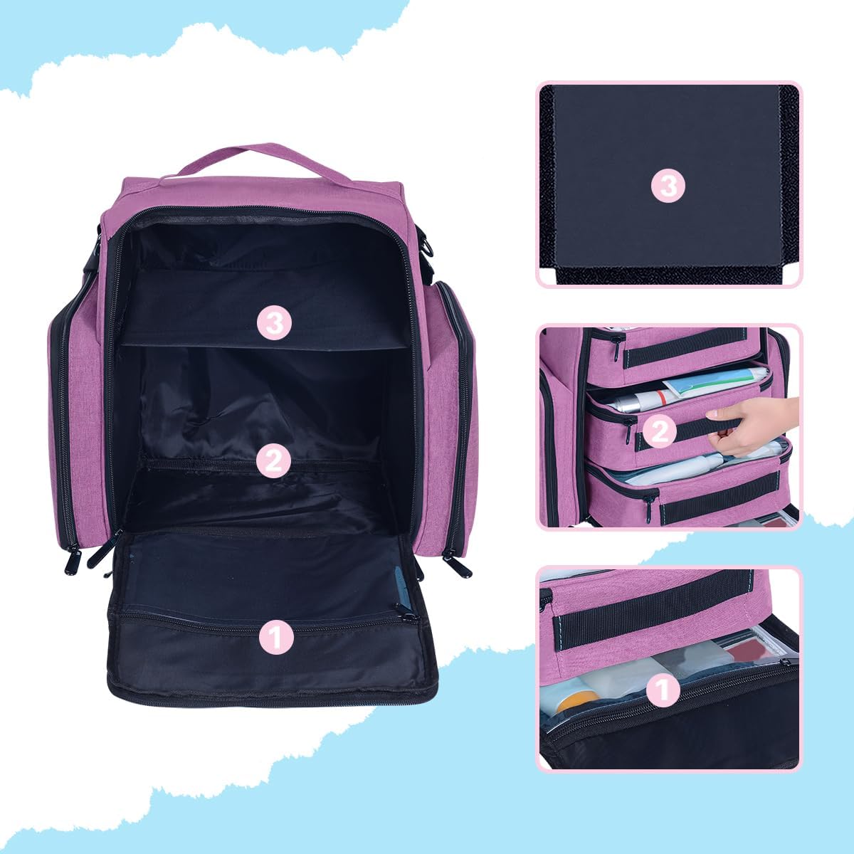 Large Makeup Bag Cosmetic Case Organizer with 3 Inner Removable Pouches Multifunctional Travel Train Storage,Purple