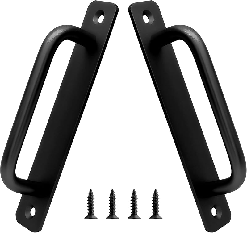 Piutouyar Aluminum Alloy Sliding Barn Door Handle, Black, 5 Inch, 2 Pack | 128mm Hole Center, Gate Door Handle with Plate, 5.9 Inch Long, For Kitchen Cabinet Bathroom Closet