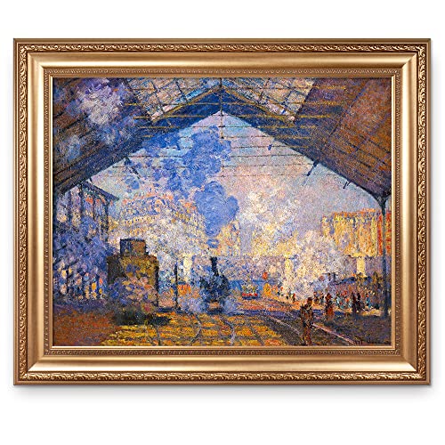 The Gare Saint-Lazare by Claude Monet Framed Size:36x30 inches,Image Size:30x24 inches World Classic Reproductions For HomeDecor,Wide Gold Frame