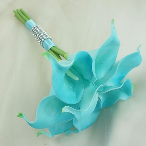 Miniatura 3 de Ramos de flores artificiales de lirio de cala de 8 tallos (turquesa con cinta)