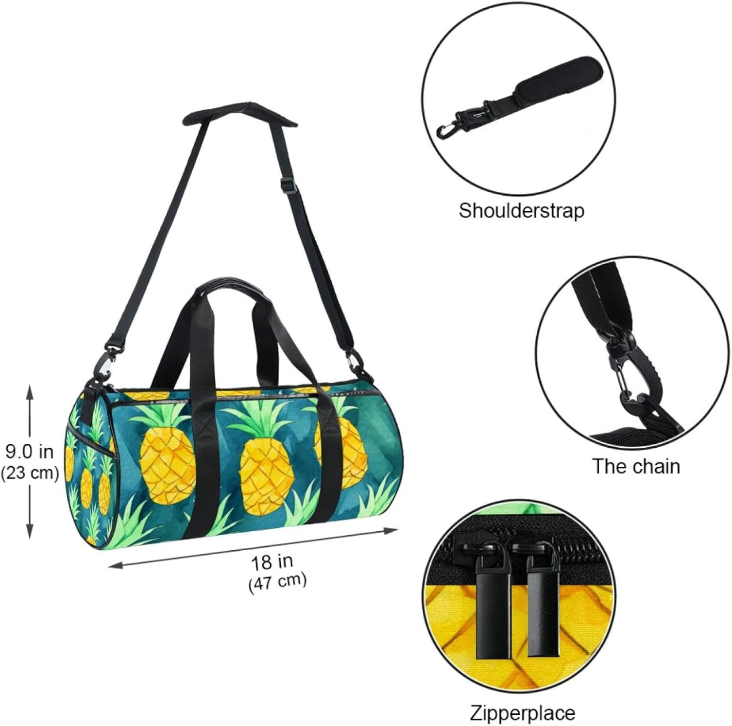 Gym Bag for Women,Small Gym Bag for Men,Floral Gold Fruit Pineapple,Overnight Bag