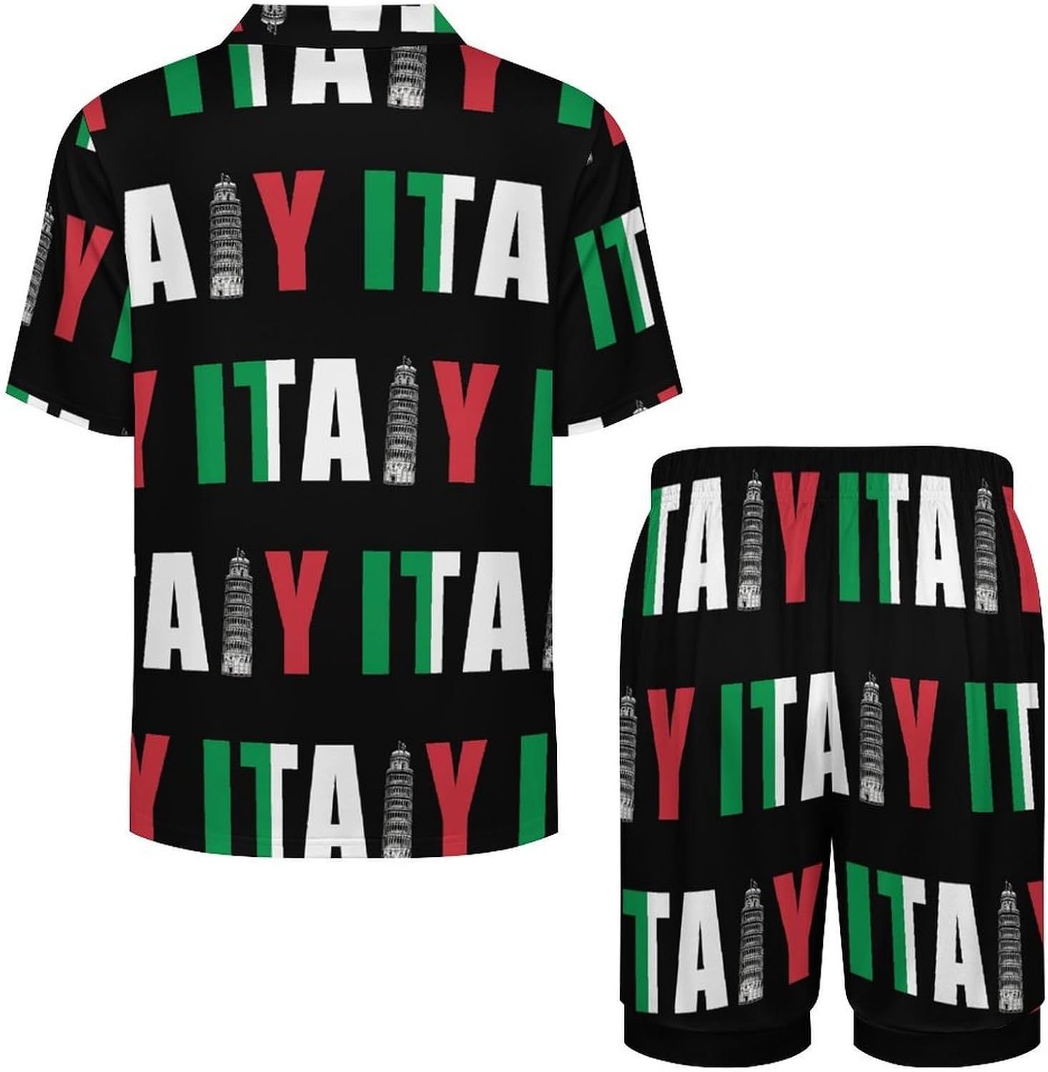 Italy Flag Italia Pisa Leaning Tower Men's Short Sleeve Pajama Set Satin Silk Like Lounge Sleepwear