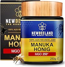 Newbeeland Manuka Honey MGO 250+ - 250g - Light-Protected Glass, 100% Pure Premium Manuka Honey from New Zealand, Batch Tested with Certified Methyl Glyoxal Content, No Additives