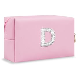 ChaoGreat Bride Gifts - Personalized Initial Makeup Bag with Pearl Rhinestone Patch, Preppy Pink Monogram Cosmetic/Toiletry Pouch, bridesmaid Gifts, Bridal Shower Gifts, Wedding Gifts, Bridal Gifts,D