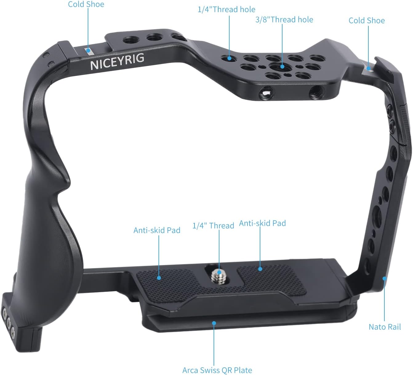 NICEYRIG GH7 GH6 Camera Cage for Panasonic Lumix GH7/GH6, DSLR Stabilizer Videomaking Rig Streamline Full Cage with Comfortable Grip, Quick Release Bottom Plate for Arca-Standard - 518