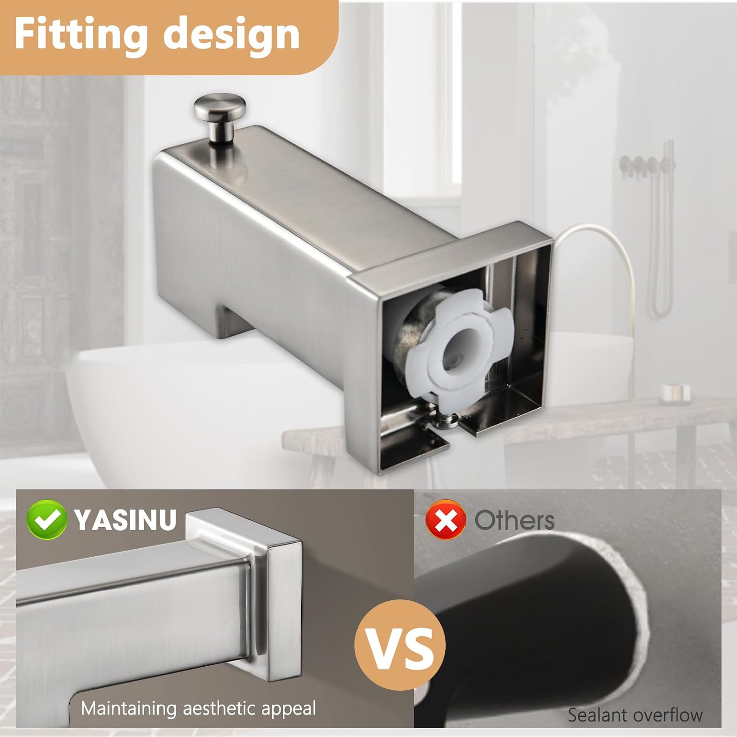 Slip On Diverter Tub Spout, Sleek Square Design for Bathroom, Fits 1/2" Copper Pipe (5/8" OD), Child-Safe Rounded Edges, Easy Installation, Brushed Nickel