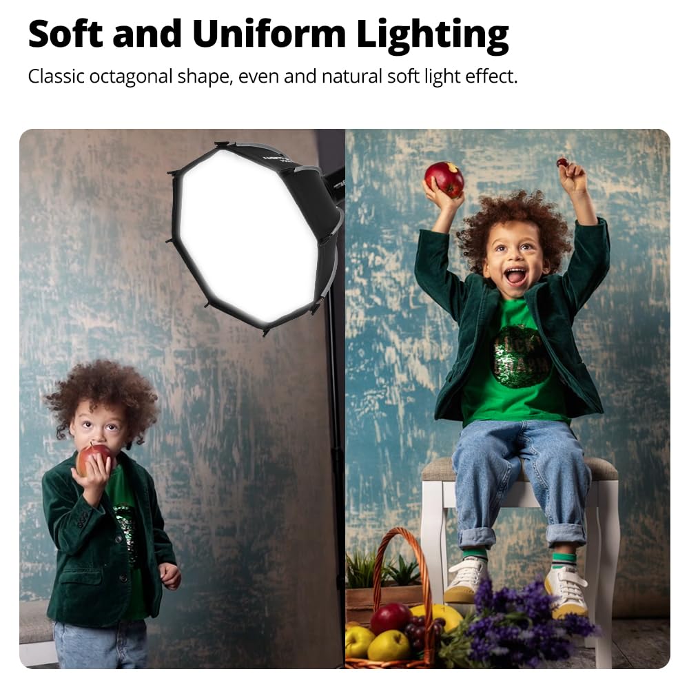 AMBITFUL Mini softbox a sgancio rapido da 45 cm, con supporto Bowens, pieghevole, installazione rapida con diffusori, griglia a nido d'ape, borsa (PS45)