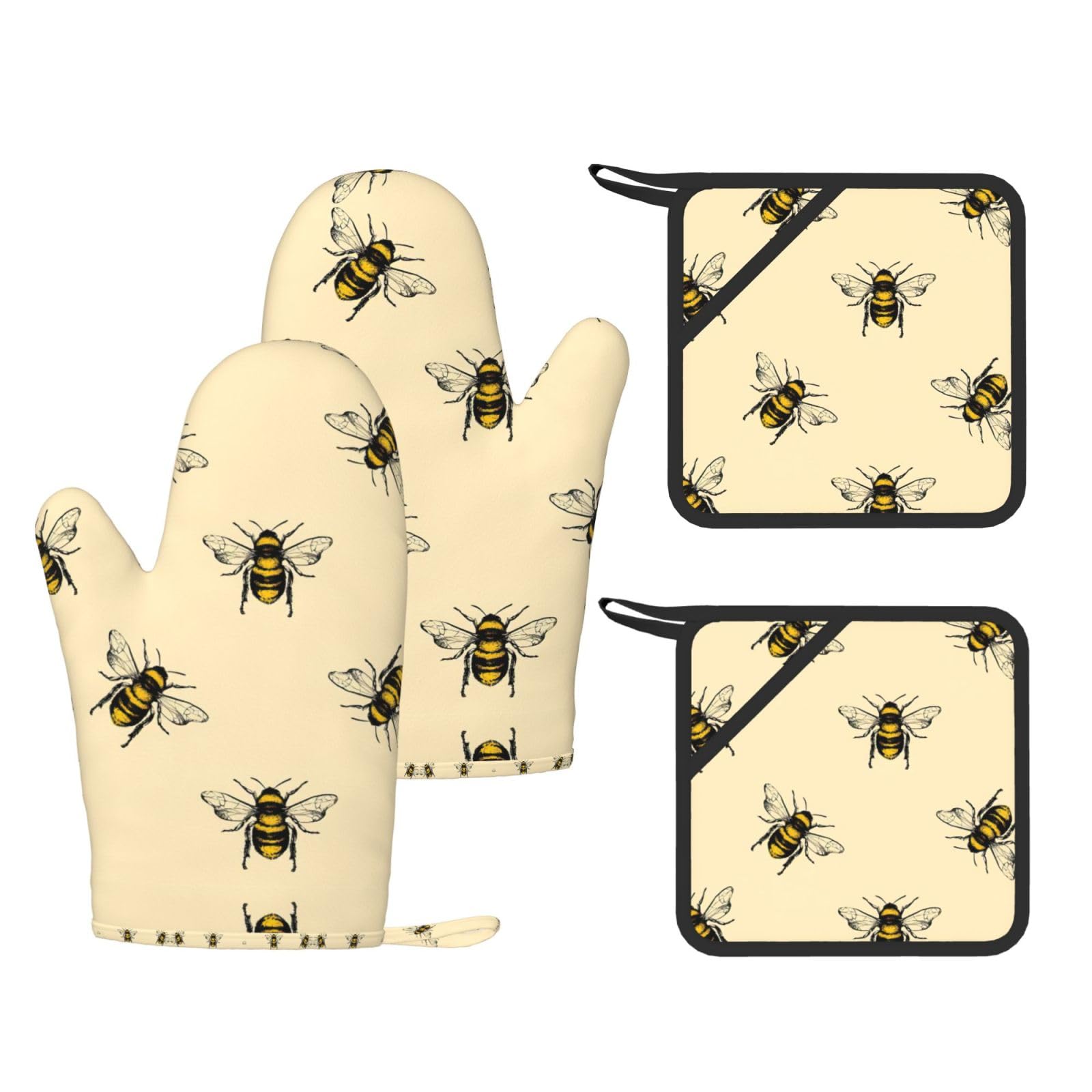 Bee Printed Pot Holders and Oven Mitts 4-Piece, Non-Slip Kitchen Gloves with Utensil Pocket for BBQ