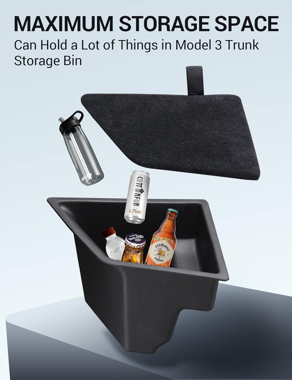 BASENOR 2023 2022 2021 Tesla Model 3 Trunk Storage Bin, Trunk Organizer with Carpeted Lid, Waterproof Rear Trunk Side Storage Box for Model 3 Interior Accessories (Not Fit 2024 2025 Model 3)