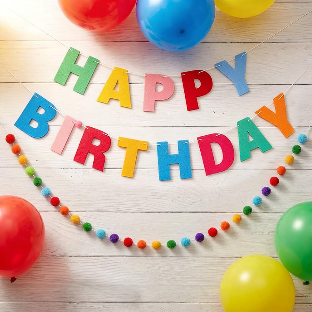 Reusable Happy Birthday Banner - Felt Garland with 3D Pom Poms Decorations, Colorful Durable Party Hanging Sign for Home Birthday Party Decor (Rainbow)