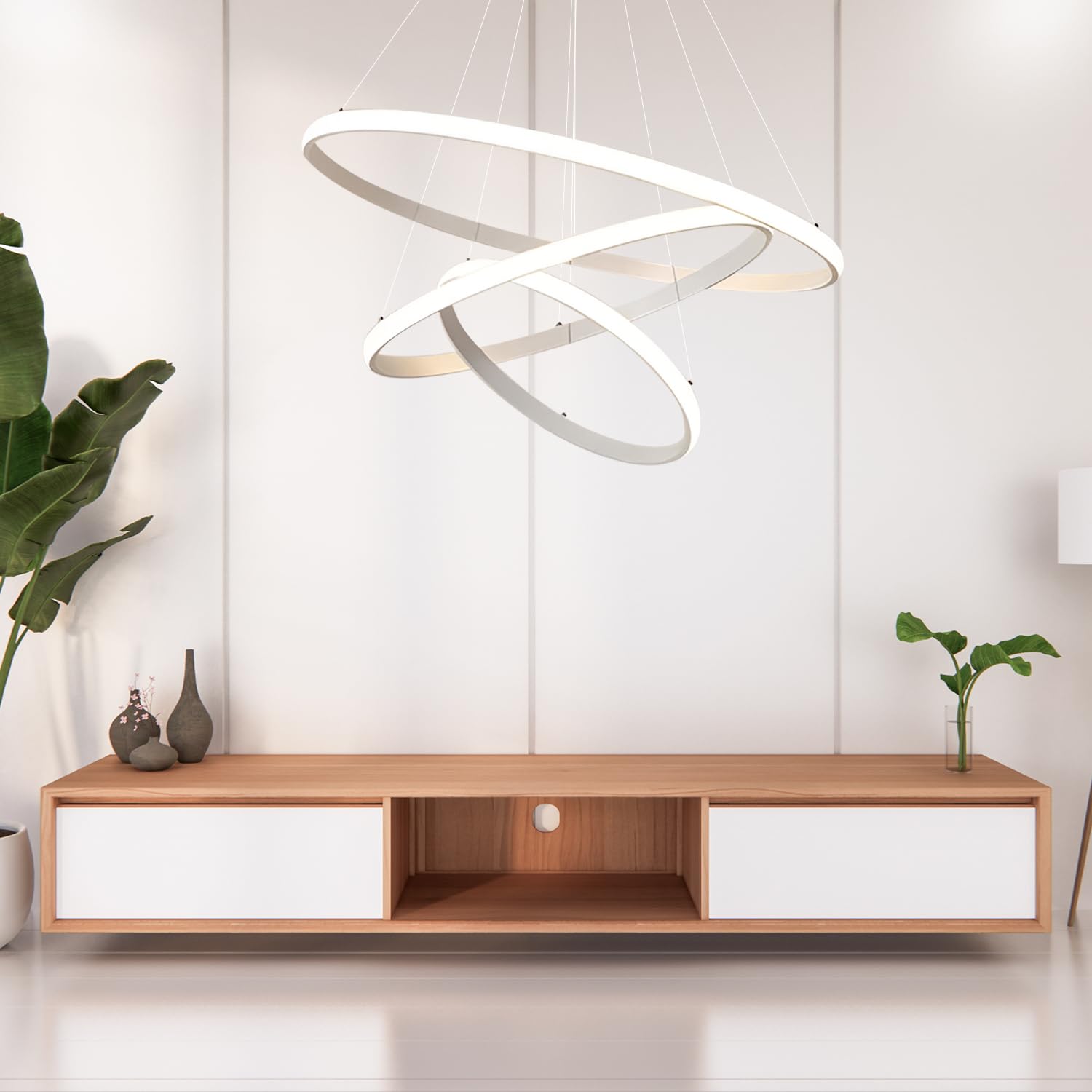 Arcadia Lampadario a Sospensione 5500LM 90W 60cm - Modello Nemesi (Bianco) | Lampadario Camera da Letto Soggiorno Cucina con Luce Calda e Fredda Dimmerabile, Telecomando e App inclusi - Finitura Bianca