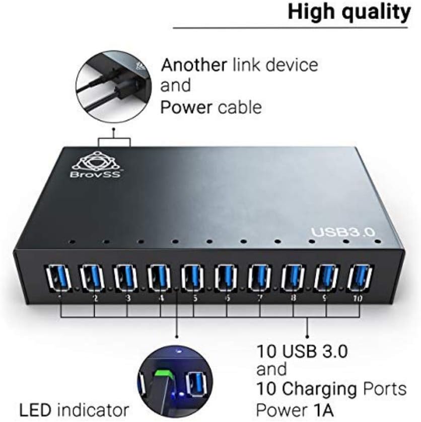 Tесh Dеаlѕ 🔥 BrovSS: 10 Port Powered USB 3.0 Hub Aluminum - USB Hub Charger - Multiple Port Splitter Hub with 12V 5A 60W Power Adapter with USB Cable for Apple, Laptop, PC, USB Flash Drives, HDD Hard Drive (Black)