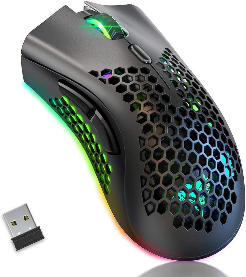 BENGOO KM-1 Wireless Gaming Mouse, Computer Mouse with Honeycomb Shell, 6 Programmed Buttons, 3 Adjustable DPI, Silent Click, USB Receiver, Ergonomic RGB Optical Gamer Mice Mouse for Laptop PC Mac
