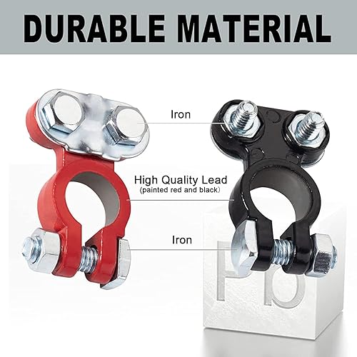 Miniatura 3 de 2 terminales de batería de automóvil, conectores positivos y negativos, poste superior con arandelas anticorrosión, abrazaderas de plomo duraderas