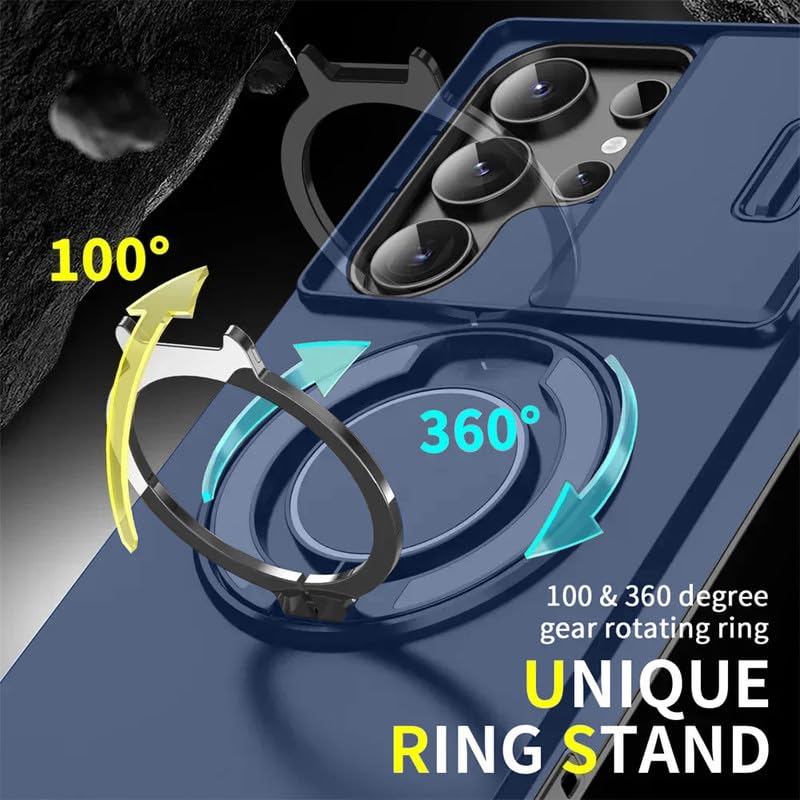 Image of LuxuryKase Shockproof Rugged Case for Samsung Galaxy S24 Ultra | Slide Camera Cover | 360 Rotating Ring Kickstand | Military-Grade Protection - Navy Blue