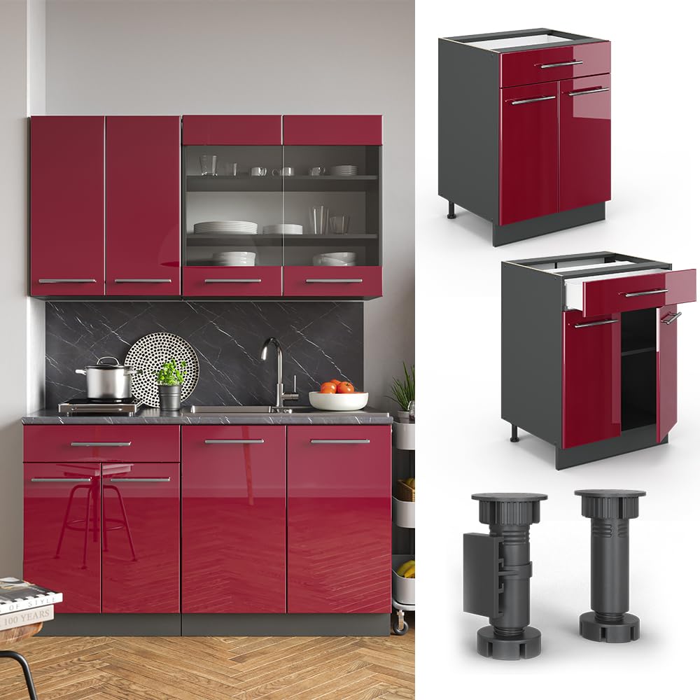 Vicco Meuble Cuisine Fame-Line, Rouge Bordeaux Haute Brillance, 60cm avec tiroir, sans PT, à Combiner avec d'autres modules de la série Fame-Line