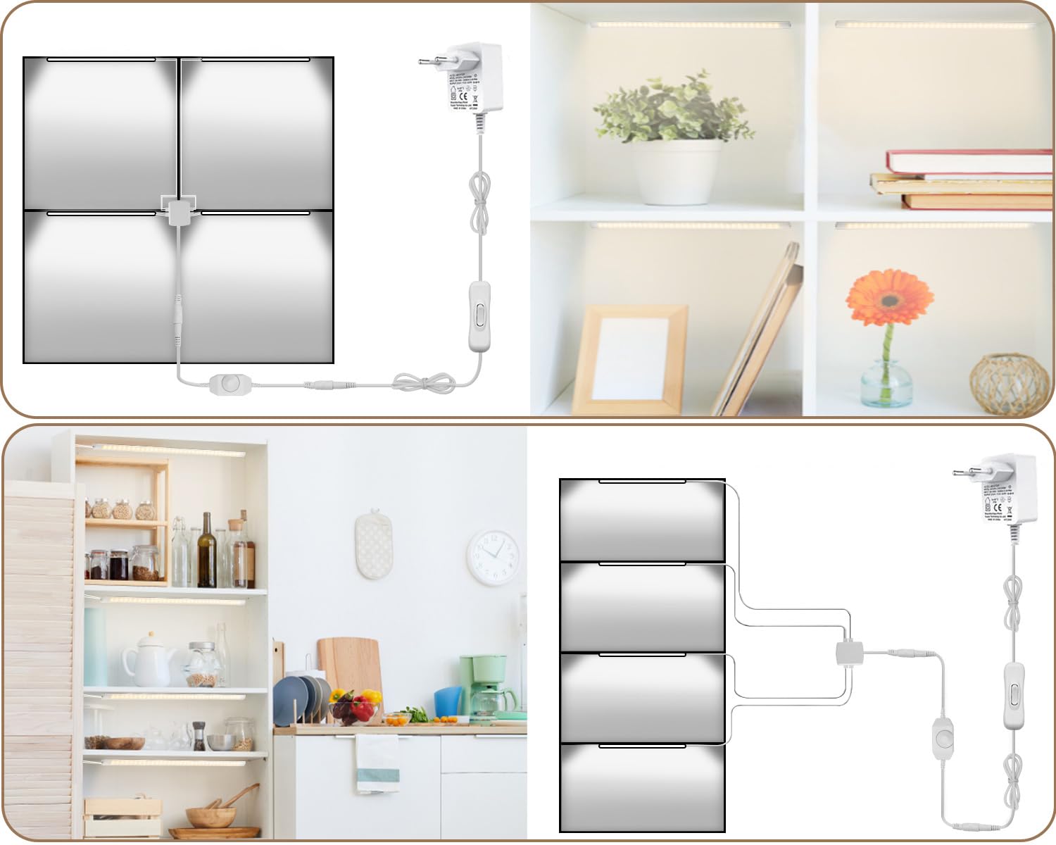 Kit de iluminación bajo el armario en forma de V - 4pcs Barras de luz LED regulables más elegantes de 30cm para iluminación perfecta de estanterías de vitrinas - 1200lm, 12W - Blanco puro (6000K)