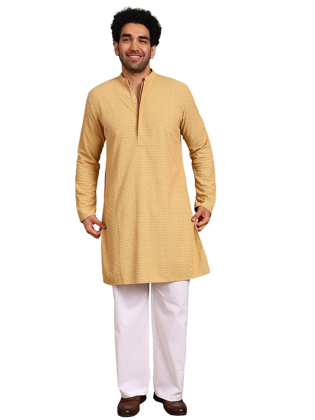 Men Embroidered work Cotton Straight Woven Design Kurtas With Pyjama| Fit : Regular Fit | Coller : Mandarin/Chinese Collar | Coord Set | Straight Fit-image-40