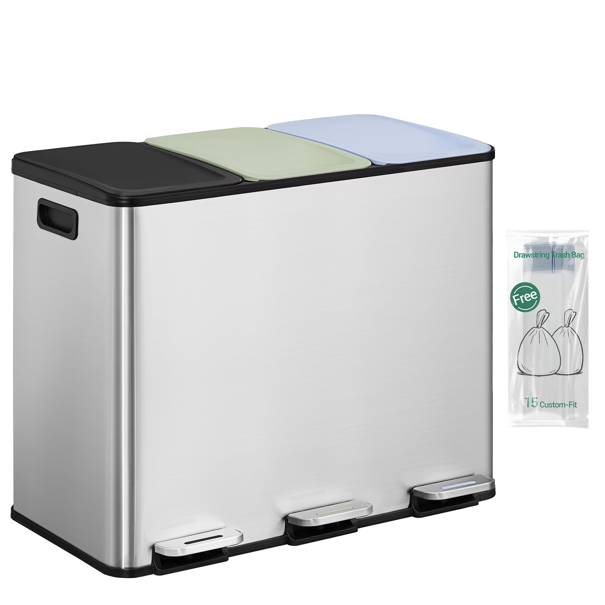 Hzuaneri Mülleimer Küche, 3 x 18 L, Mülltrennsystem 3 Fächer, Mülleimer mit Farbigem Soft-Close-Deckel und Pedal, Küchenabfalleimer mit Inneneimer, Stahl, inklusive 15 Müllbeuteln, Silber SW31899E