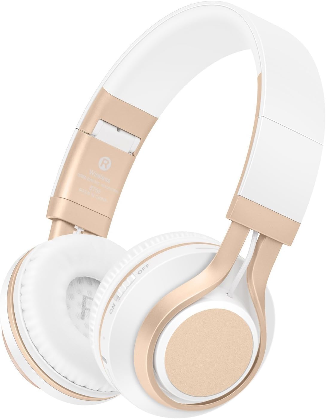 BT-08 Wireless Bluetooth Headphones with Microphone, Over Ear, HD Stereo Rechargeable Headsets with Volume Control, Foldable, Adjustable, Lightweight, Wireless&Wired for PC, SmartPhones (White Gold)