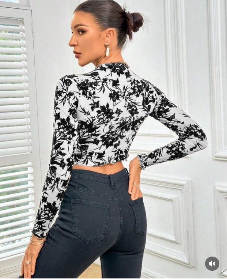 Image of ICW Women Long-Sleeves Round Neck Net Printed Transparent Mesh Sheer Crop Top T-Shirt DN38(Mix Print)