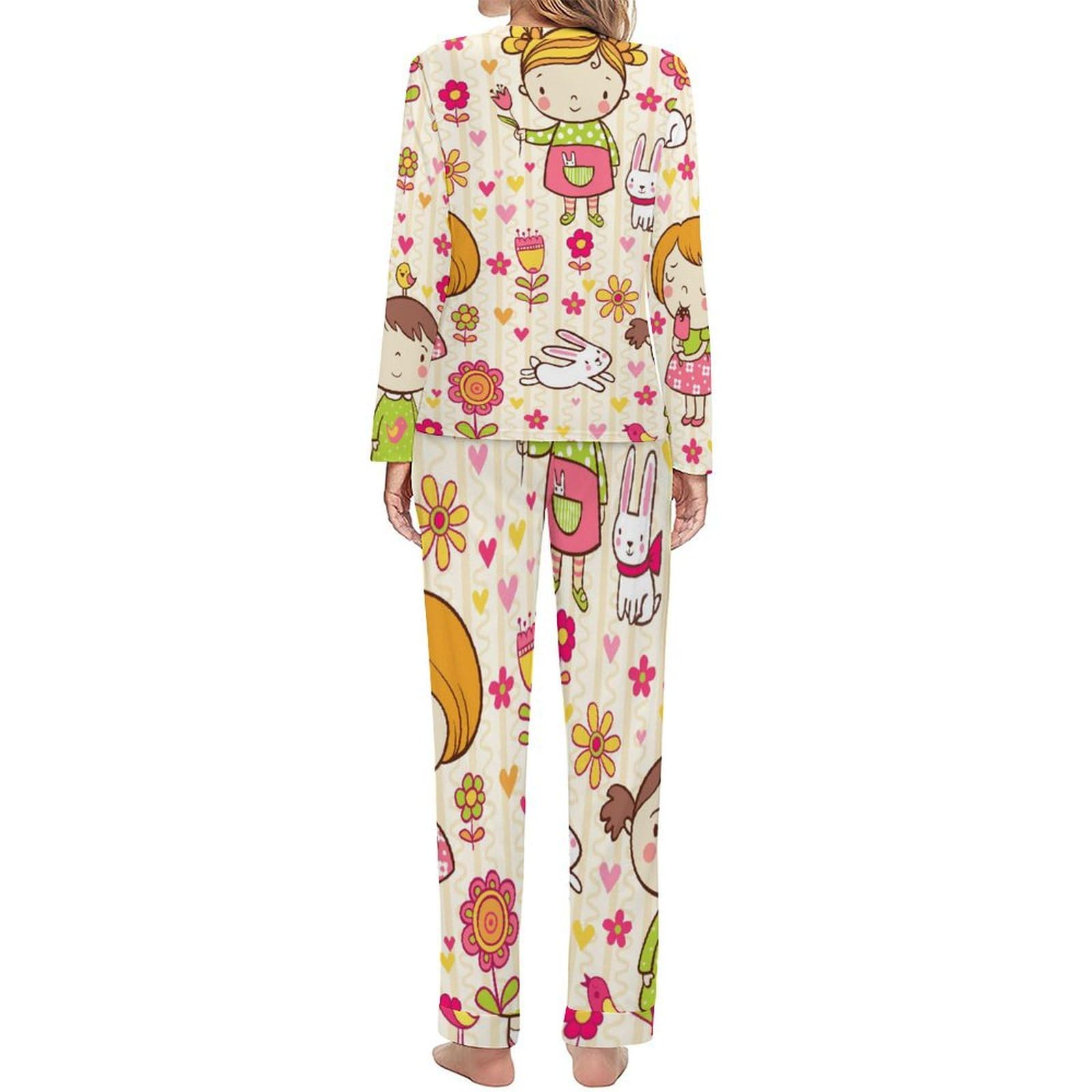 Niedliches Mädchen Damen Schlafanzug Lange Pyjama Set Zweiteiliger Nachtwäsche Langarm Hausanzug Sleepwear