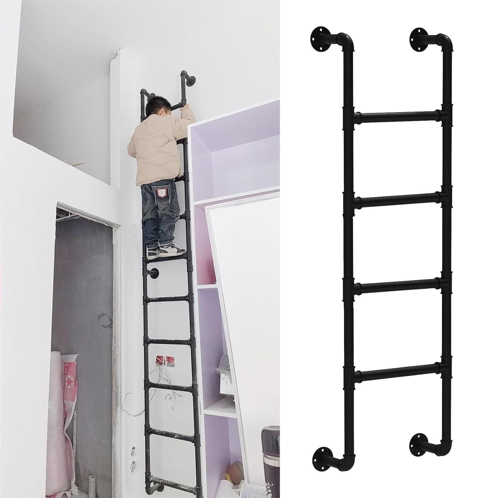Wall Mounted Ladder, Wall Mounted Metal Ladder For Loft, Heavy Duty Egress, Indoor Outdoor, 330lbs, 145-300cm(230cm/91in)