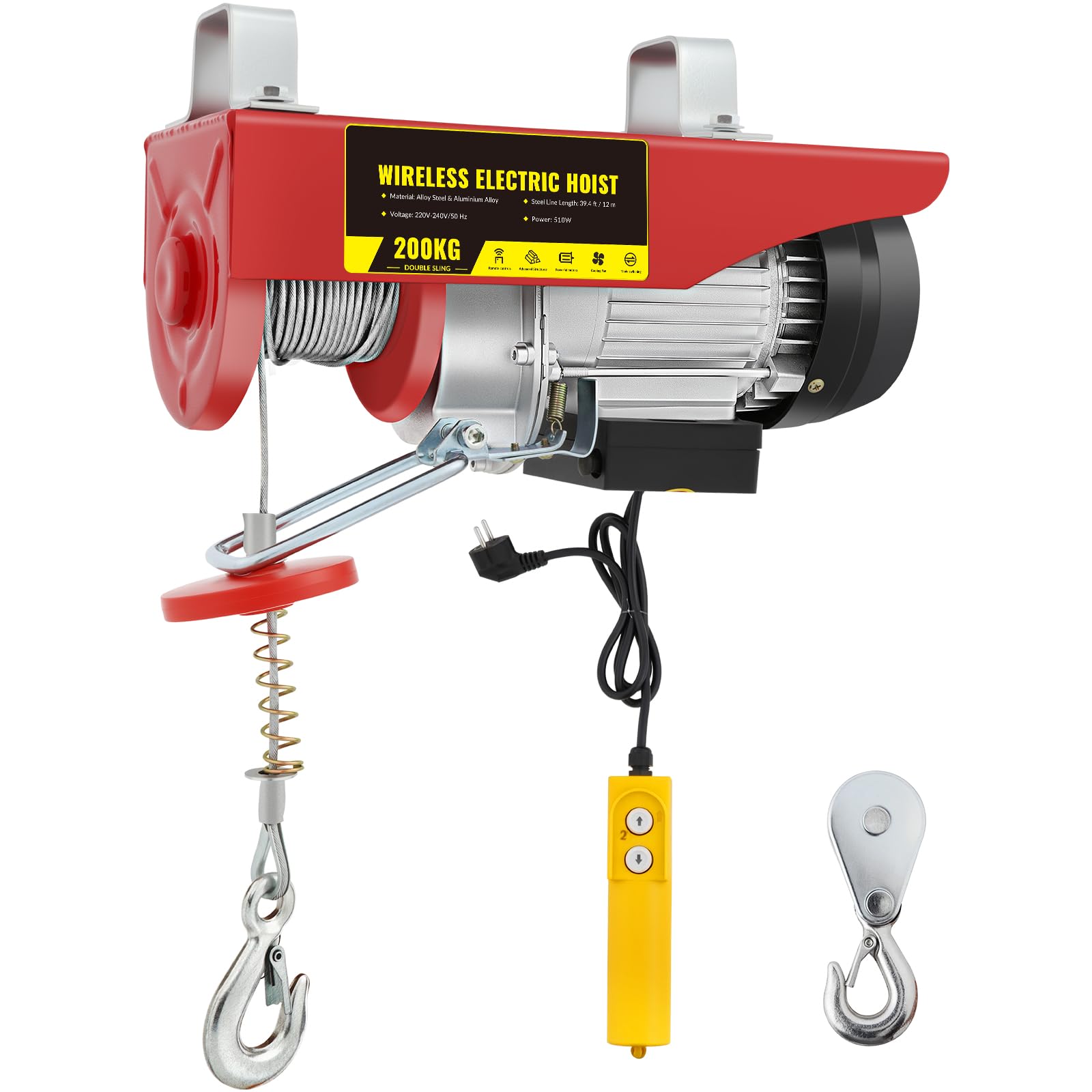 Paranco Elettrico 510W, Portata Max 200kg, Altezza 12M, Velocità 10m/min, Argano Elettrico con Telecomando Cablato, Interruttore Arresto Automatico, Sollevatore Garage Officina Magazzino Lavori Edili