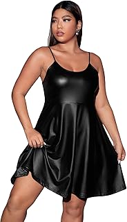 Women's Plus Size Spaghetti Strap Pu Leather Flared Hem A Line Cami Dress - Buy now