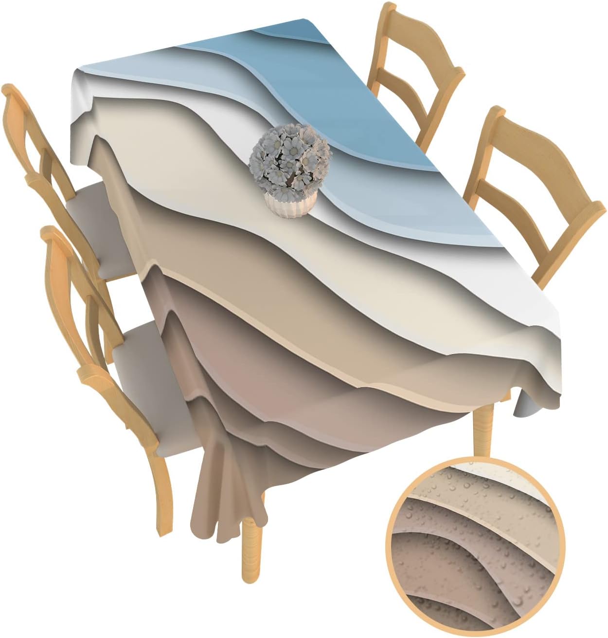 Rectangle Tablecloth Waterproof Spillproof Table Cloths,Modern Abstract Wave Lines Wipeable Table Cover for Kitchen Dining Camping Indoor Outdoor Tables 52" x 70",Ombre Blue White Brown Color Block