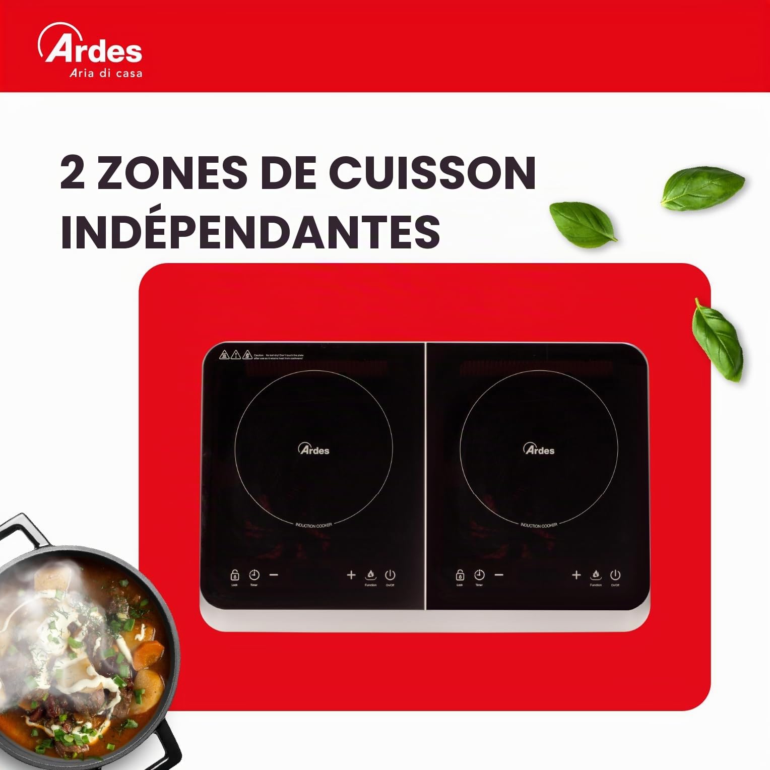 ARDES - Cuisinière électrique avec 2 plaques à induction Différentes puissances 2000 et 1500 Watts Affichage numérique Température jusqu'à 240 degrés Modèle AR1F602 Couleur Noir