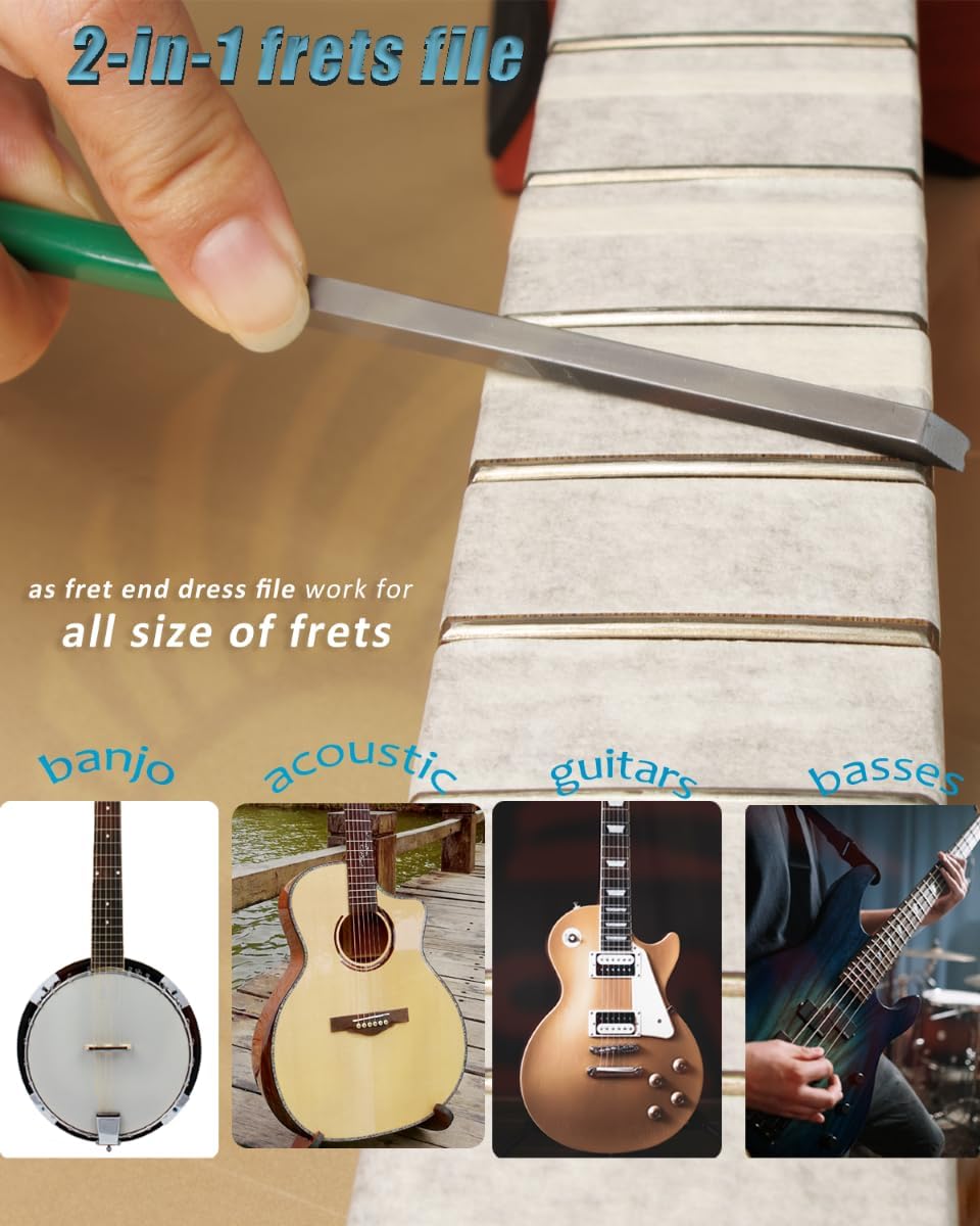 2-in-1 Fine Grits Fret Edge Dressing File, Toothed Frets Crowning Tool for Luthier Building Repairing Acoustic Guitar with Medium Fretwire, 1mm green