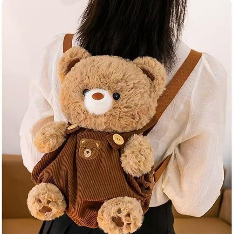 Image of Women Animal Teddy Bear Plush Backpack with Adjustable Straps (Overalls bear brown)