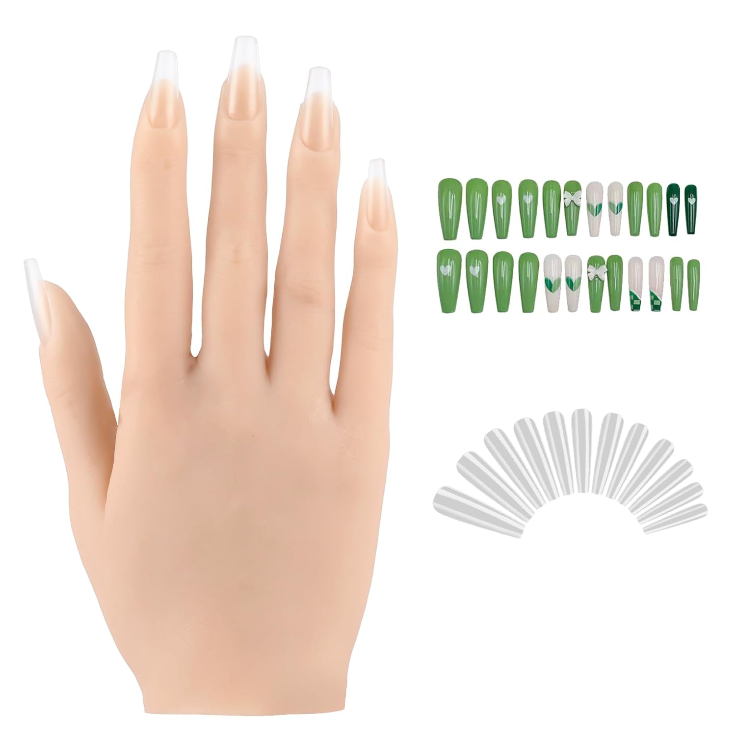 Flexible Bendable Silicone Practice Hand for Acrylic Nails, Soft Realistic Mannequin Hand with 528 Pcs Nails for Nail Art Jewelry Display Salon DIY Accessory (Tan,7.7in-Pair)