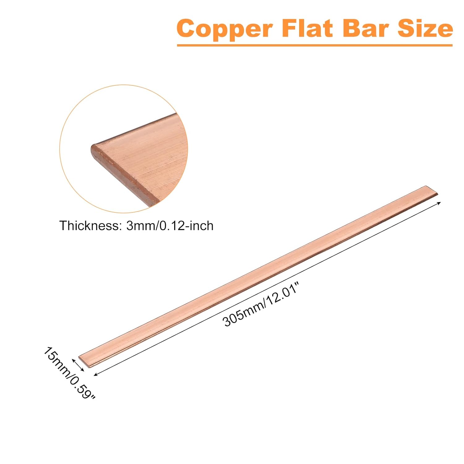 Copper Flat Bar, Thickness 1/8" x Width 19/32" x Length 12" Copper Sheet for Electrical Applications (3mm x 15mm x 305mm)