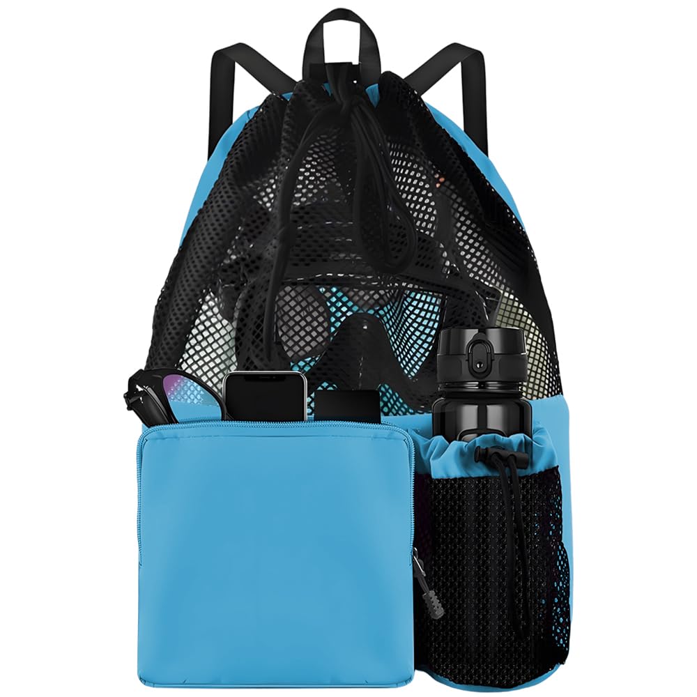 Jonuin Swimming Bag, Drawstring Mesh Swimming Bag, Waterproof Swimming Backpack with Wet Pocket, Swimming Kit Bags for Adults, Kids, Beach, Swimming, Yoga and Gym (Blue)