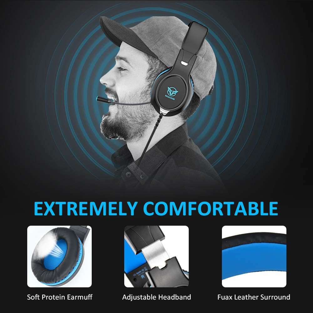 Gaming Headset for Xbox One/PS4/Nintendo Switch/Mac/PC/Smart Phones/iPad, Noise Canceling Bass Surround Sound 3.5mm Jack Over-Ear Game Headphones with Mic (Blue)