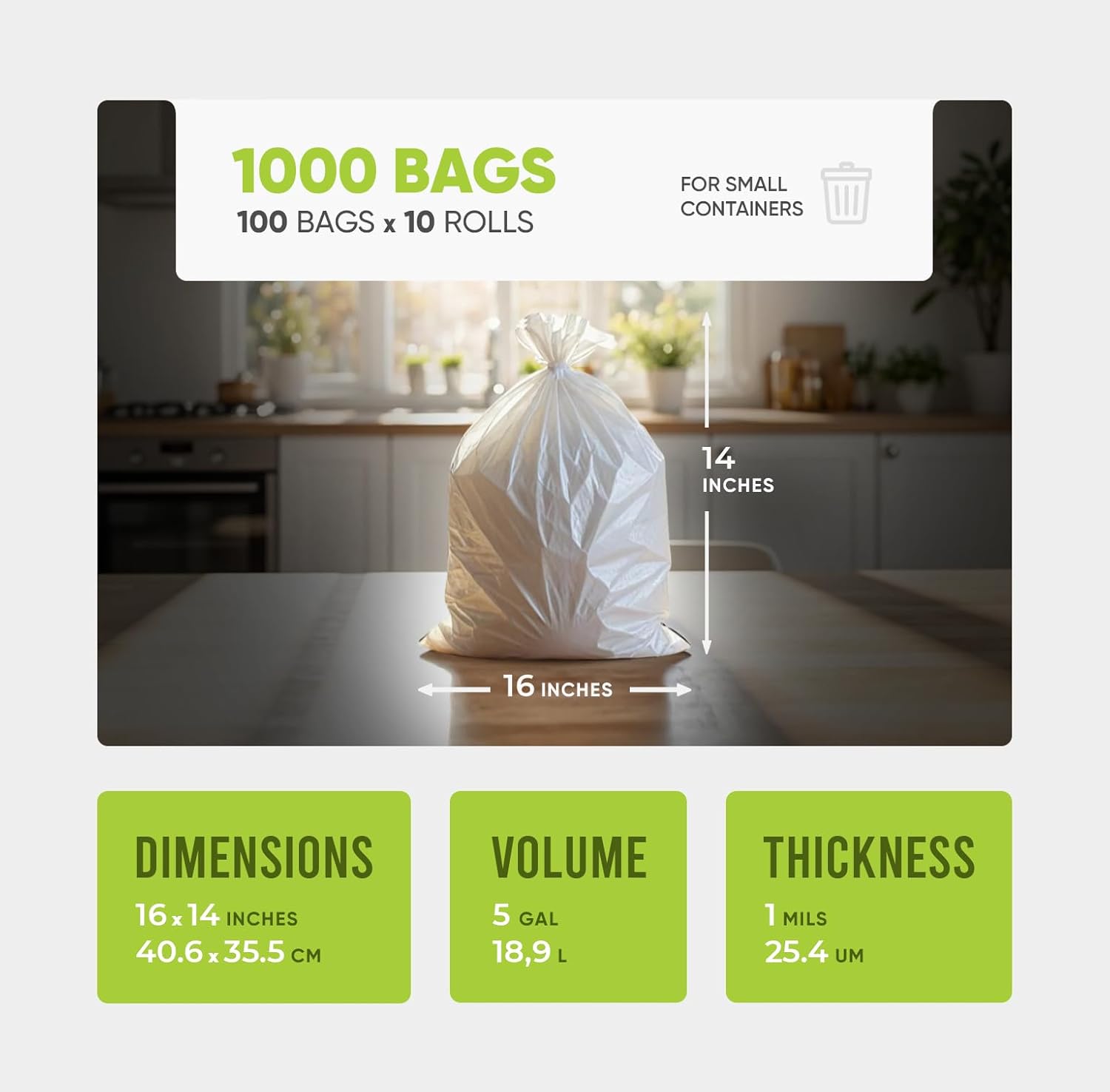 Small Trash Bags – 16x14 Inches, 1 Mil Thick, 1000 Count - Durable Leak-Proof Mini Garbage Bags, 5 Gallon Capacity