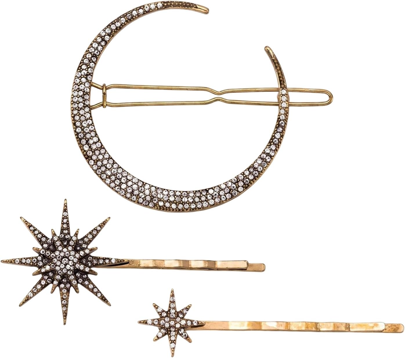 1Set 3Pcs Gold Moon Star Shape Rhinestone Hair Clips Shiny Artificial Diamond Side Clamps Hair Bobby Pins Barrettes Insert Clasps Grips Headwear Headdress for Hairdressing Decoration
